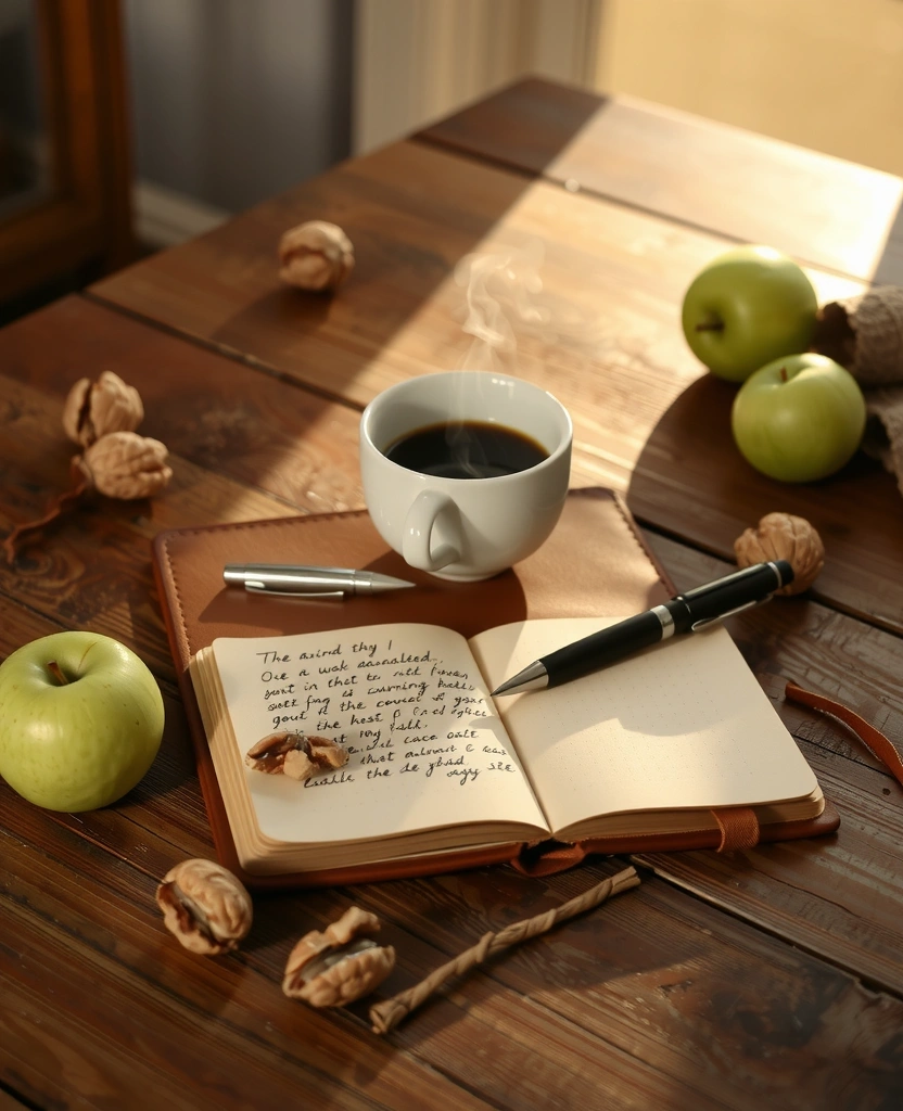 Stalo detalės: kavos puodelis, užrašų knygelė, švieži vaisiai